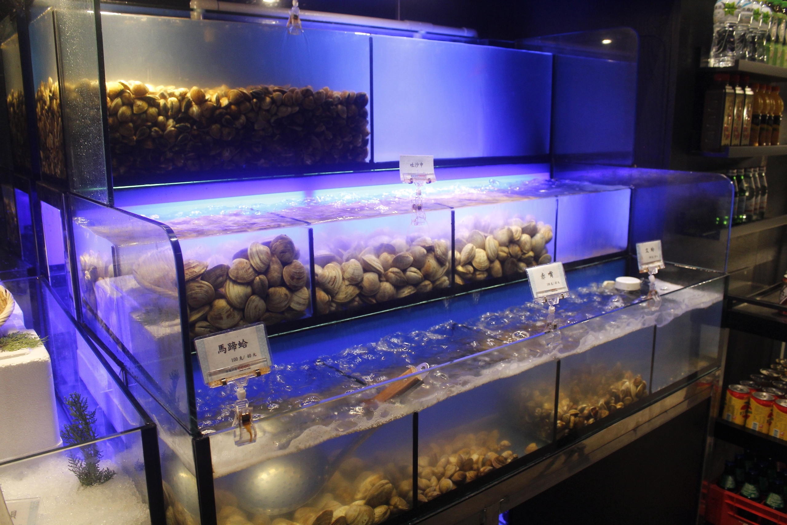 【桃園 超越水產】肉多多品牌也有超市火鍋。活體海鮮水族箱/提供免費蒸籠